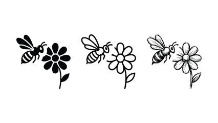 Three stylized illustrations of a bee interacting with a flower in different artistic styles for graphic resources © Saddam StudioX