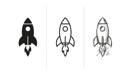 Three different style icons of a rocket ship launching with flames depicting startup and progress © Saddam StudioX