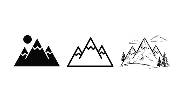 Three distinct mountain range illustrations including a solid silhouette a line art icon and a handdrawn sketch with trees and clouds