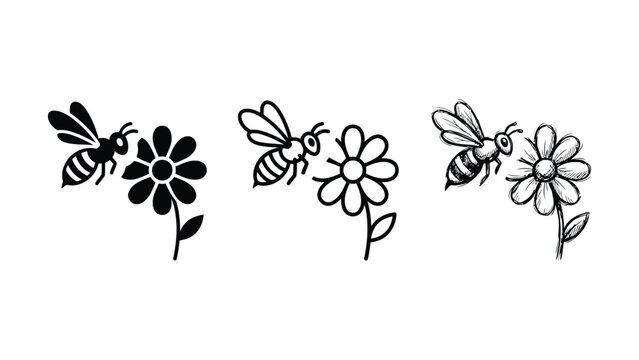 Three stylized illustrations of a bee interacting with a flower in different artistic styles for graphic resources