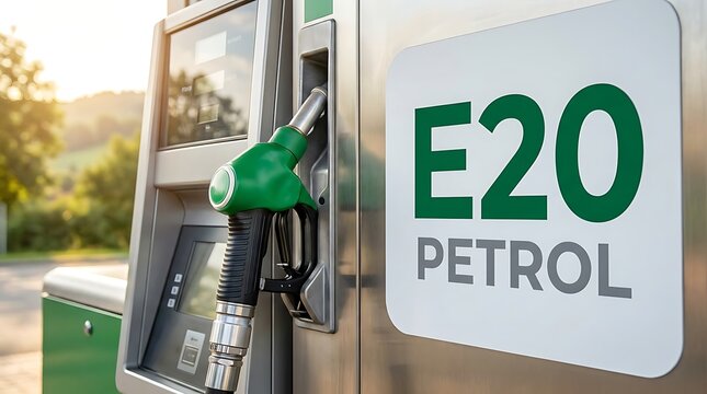 Green petrol nozzle at gas station with e20 petrol sign in bright sunlight next to lush green trees and hills in background.