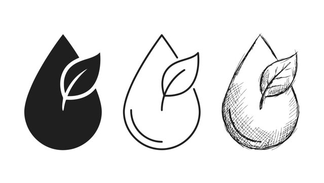 Collection of three diverse water drop symbols with a green leaf emblem representing ecofriendly concepts