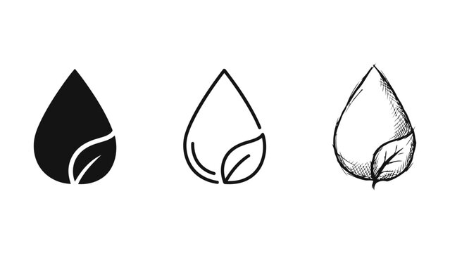 Set of three liquid drop icons with leaf symbols representing natural water or environmental concepts