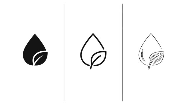 Three different styles of a water drop with a leaf icon representing organic and natural themes