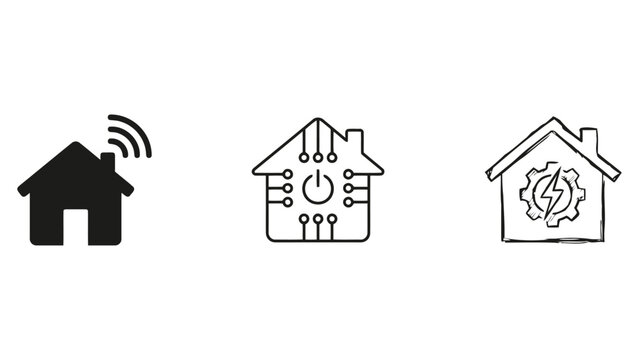 Collection of three vector home icons representing smart home technology and energy efficiency concepts