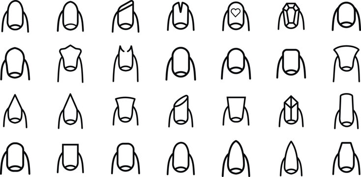 Black nail shape icons set, collection and group in outline and line style vector featuring square, oval, almond, coffin, stiletto, round and manicure salon designs isolated on transparent background
