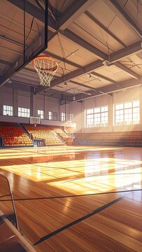 Sunlit basketball court arena with wooden floor and bleacher seats