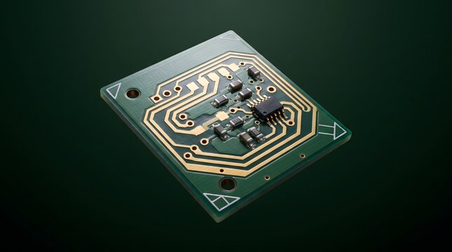 A green printed circuit board with golden electronic traces and components