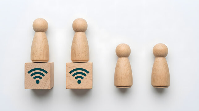 digital divide concept with wooden figures | internet connectivity inequality representation | access to technology conceptual stock photo | wooden peg dolls wifi signal blocks
