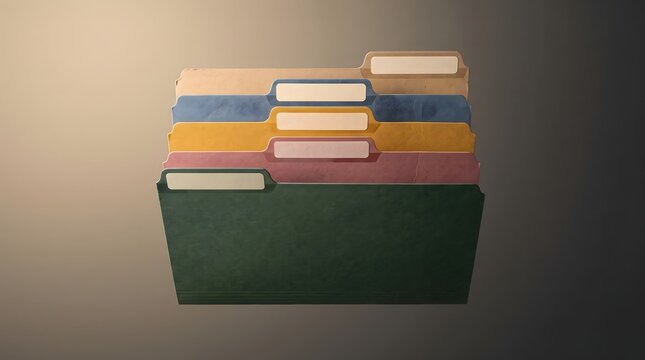 A stack of colorful paper file folders with blank white labels for office organization and document management systems
