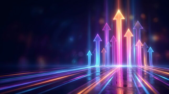 Dynamic Neon Arrows Ascending: Visualizing Digital Progress, Business Growth, and Future Technological Innovation on a Dark Background.