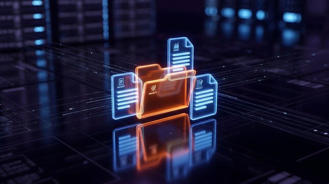 Central glowing priority folder organizing crucial digital business documents: receipts, charts, and project files, within a secure, interconnected network.
