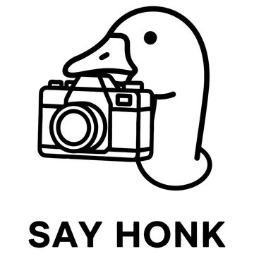 Duck Holding Camera Icon, Say Honk Text, Minimalist Line Art Illustration