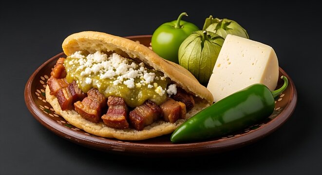 hearty Gordita split open like a pocket, resting on a dark rustic terracotta plate. The thick fried corn pocket is overflowing with a rich, glistening filling of crispy pork chicharron simmered in a s