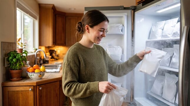 Meal prep and home kitchen organization concept, a smiling woman taking a frozen food bag from her freezer.