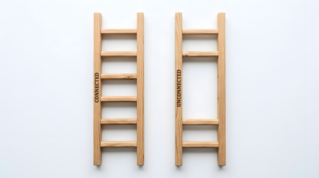 wooden ladder metaphor for business networking | connected versus unconnected conceptual image | broken career path ladder concept | communication gap and missing links illustration