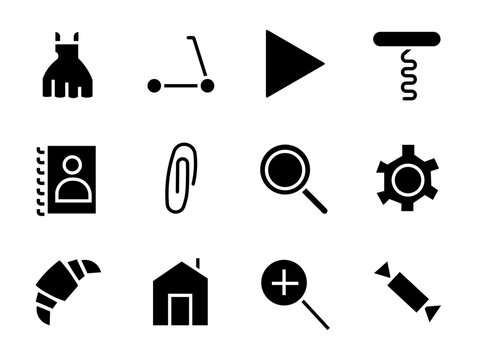 Minimalist black solid icon set, 12 versatile vector symbols for web and mobile UI, clean flat graphic elements for business and lifestyle apps