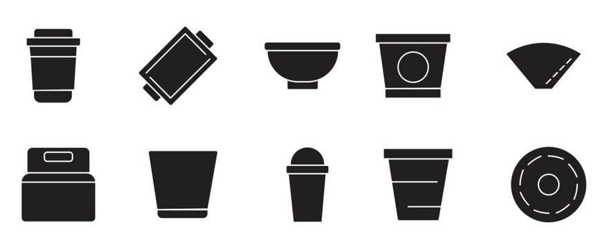 Minimalist food packaging icon set, black silhouette takeaway containers and disposable cups, 10 vector elements for restaurant branding and delivery apps