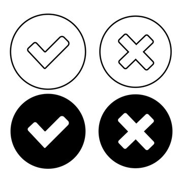 Minimalist check mark and cross icons, black and white validation symbols in circle frames, 4 vector elements for UI design and web interface