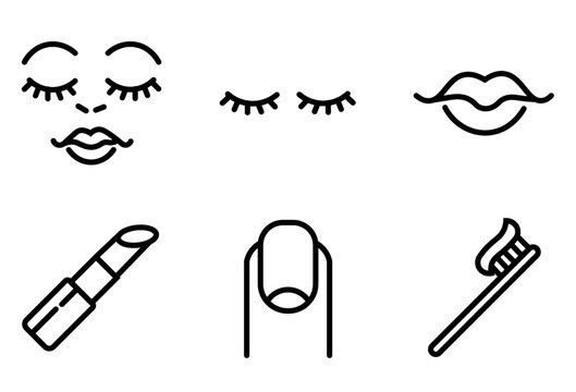 Minimalist beauty and hygiene line icons, set of 6 cosmetic vector elements, black outline makeup and self care symbols for spa and salon branding