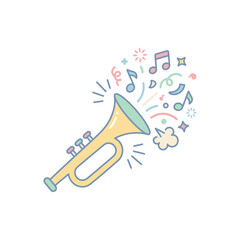 Fototapeta premium Cute Cartoon Trumpet with Musical Notes and Confetti - Celebration and Joy