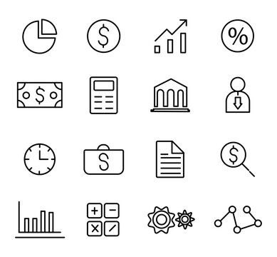 Minimalist business and finance icon set, 16 black line vector symbols for banking and accounting, professional financial data and money icons