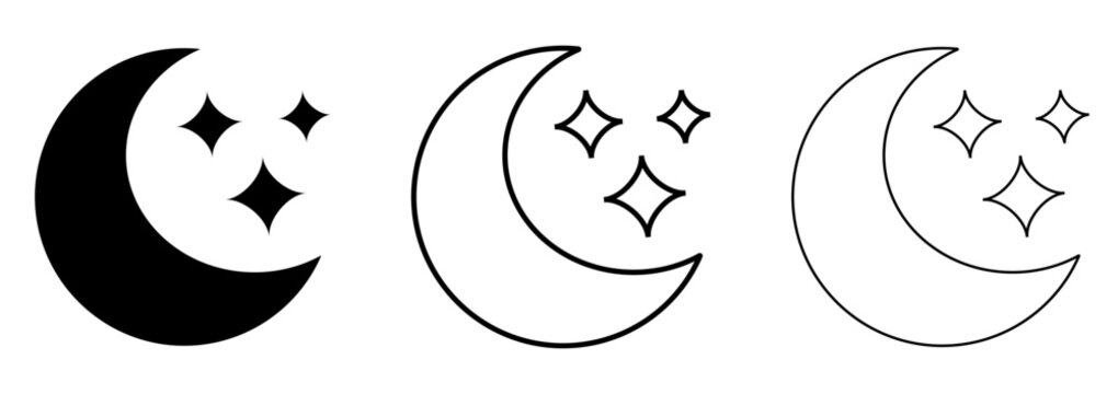 Minimalist crescent moon and stars icon set, black celestial night sky vector symbols, thin line and solid moon silhouettes for weather apps