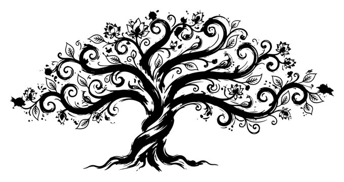 Sprawling tree of life with curly branches and blooming flowers in decorative ethnic style