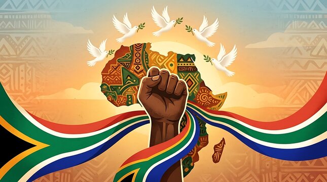 Powerful Illustration of Pan-African Unity and Peace Featuring a Raised Fist, African Continent Map, and South African Flag Colors