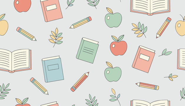 Cute back-to-school seamless pattern featuring colorful notebooks, open books, pencils, and green apples.
