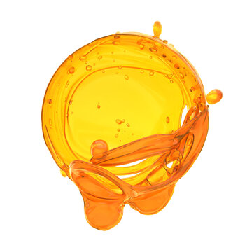 Liquid takes shape in a round form, showing bright orange color. Small drops fly away from the main mass. The scene is set against a plain background. 3d render