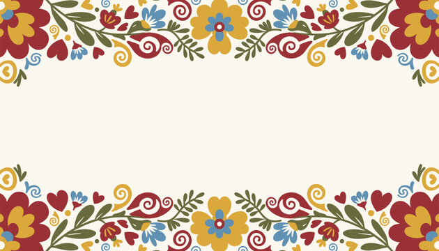 Folk art floral borders on top and bottom of cream background featuring traditional red and yellow flower motifs.