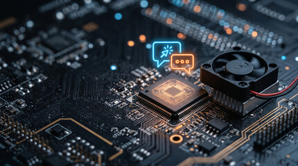 Fototapeta premium Computer motherboard with glowing circuit board and digital communication icons