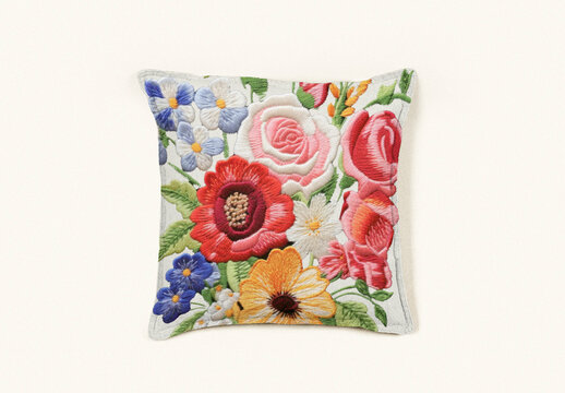 Colorful Floral Embroidered Cushion Mockup PSD