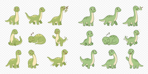 Set of cute cartoon green baby dinosaurs in various poses and emotions, adorable prehistoric creatures collection. © Akun