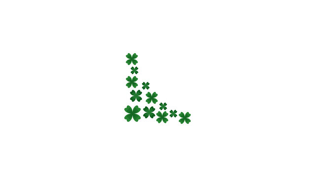 A decorative graphic design featuring a collection of small green four-leaf clovers arranged in a corner frame formation