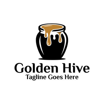 Elegant bee product branding featuring a black jar and flowing honey for organic food businesses.