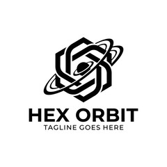 Abstract geometric logo combining a hexagon with planetary rings and a central sphere for tech themes. © Cageee