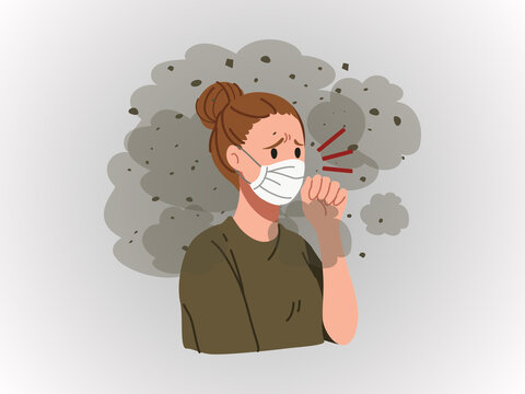 Young Woman Wearing a Face Mask and Coughing in Front of Dark Smoke Clouds - Concept of Air Pollution