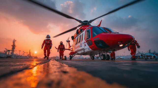 Medical team prepares air ambulance helicopter for emergency rescue mission at sunset