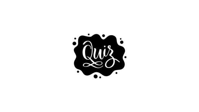 A stylized typographic logo featuring the word Quiz in white elegant cursive lettering inside an irregular black splat or cloud shape adorned with surrounding dots