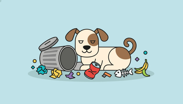 Guilty cute dog lying down next to tipped over silver trash can with scattered garbage on light blue background.