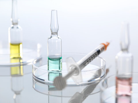 Ampullae in petri dish, syringe