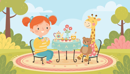 Fototapeta premium Cute young girl enjoying cozy outdoor tea party in forest park with her favorite giraffe and teddy bear toys.