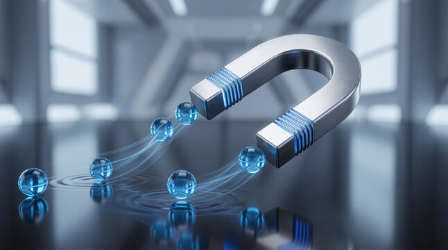 The Magnet of Success Depicting Metallic Blue Magnet Attracting Shiny Spheres in Futuristic Setting