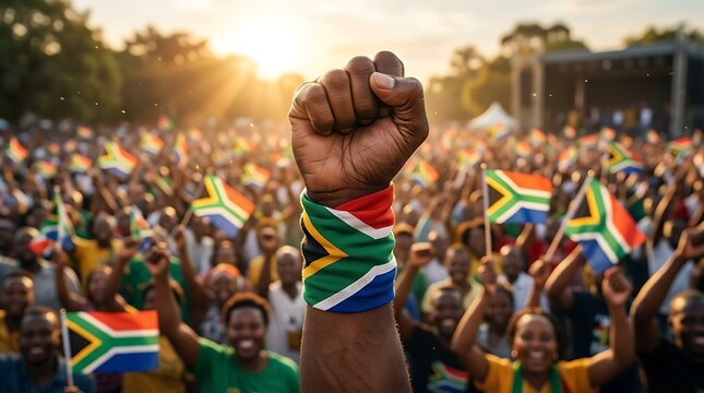 Symbolic Illustration of African Unity and Freedom Featuring Raised Fist, Flying Doves, and National Flag Ribbons