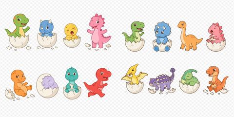Set of cute baby dinosaurs hatching from eggs, cartoon vector illustration for children's designs. © Akun