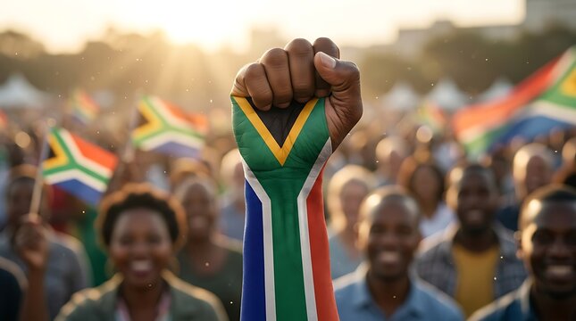 South African Patriotic Crowd Celebrating Unity and Freedom with Raised Fist and National Flag