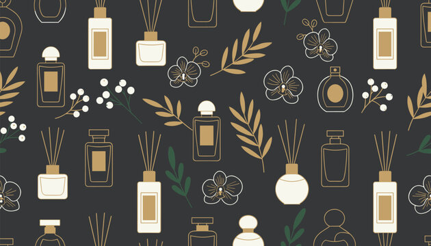 Beautiful seamless pattern of luxury perfume bottles fragrance diffusers and delicate orchids on dark background.
