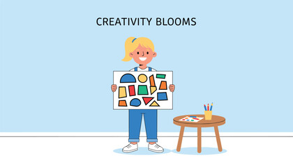 Fototapeta premium Proud young school girl holding creative poster with colorful geometric shapes for creativity blooms banner.